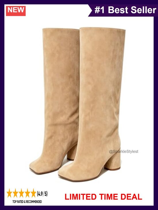 Shoes - Wide Calf Knee High Boots Women Chunky Heel Square Toe Tall Boots